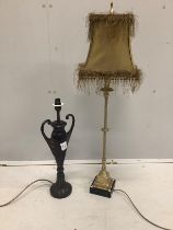 A gilt table lamp with bead shade and a cast metal urn shaped table lamp, larger height 86cm
