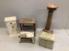 A painted Corinthian column, two provincial stools and two other items