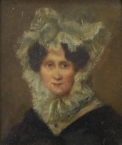 19th century English School, oil on canvas, Portrait of a lady wearing a bonnet, 16 x 13cm, ornate
