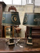 A pair of modern toleware table lamps, height 74cm