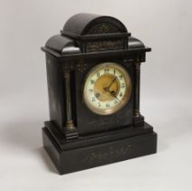 A Victorian slate mantel clock, French movement striking on a gong, dial signed Benetfink, 24cm