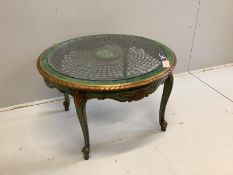 A French painted circular caned glass top coffee table, diameter 80cm, height 50cm