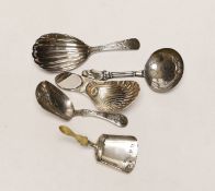 Five assorted 19th century silver caddy spoons, including bone handled shovel form, by John