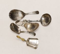 Five assorted 19th century silver caddy spoons, including bone handled shovel form, by John