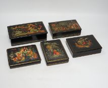 Five Russian Palekh lacquer table boxes, each painted with figures from legend, each signed by the