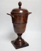 A patinated cast metal two-handled urn and cover with acorn finial, 36.5cm high