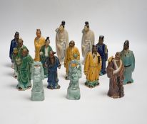 Fifteen Chinese Shiwan-type glazed pottery figures and carved stone figures, early 20th century,
