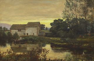 Attributed to Arthur Royce Bradbury (1892–1977), oil on canvas, River landscape with watermill, 32 x