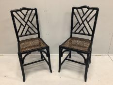 A pair of Oka style black lacquer faux bamboo cane seat dining chairs, width 43cm, depth 43cm,
