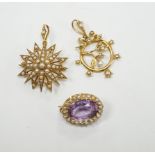 A Victorian 15ct, amethyst and seed pearl foliate pendant and a similar yellow metal and seed
