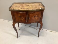 A Louis XVI style marquetry inlaid kingwood marble top serpentine small side cabinet, width 62cm,