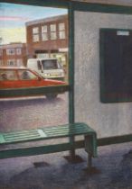 Peter Messer (Lewes artist, b.1954), egg tempura on gesso ground on board, Bus Stop before vehicles,