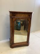 A late Victorian marquetry inlaid amboyna banded figured walnut music cabinet, width 61cm, depth