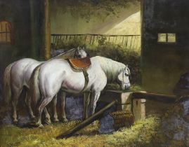 Dutch School, oil on board, Two horses in a stable, indistinctly signed, G.V Wist?, 23 x 29cm,