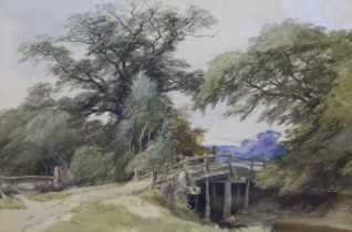 Henry Jutsum (1816-1869), watercolour, Bridge over stream, signed, inscribed in ink verso, 33 x