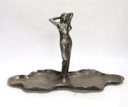 An Art Nouveau WMF pewter dish with a figure of a woman on lily pads, 22cm high
