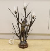 A French Art Deco-style spelter table-lamp, girl dancer amidst bullrushes, 83cm high