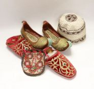 A pair of early 20th century metal thread embroidered Turkish slippers, a pair of similar