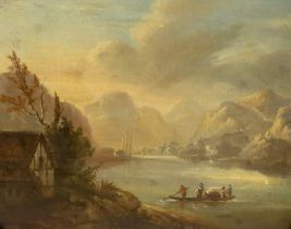 19th century English school, oil on canvas, Mountainous lake scene with figures in a boat, 35 x