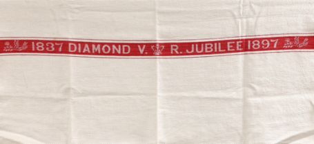 An unusual Victorian jubilee damask hand towel, 1897, and a lace stole, lace trimming and a pair