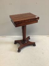 An early Victorian rectangular rosewood folding card table, width 46cm, depth 36cm, height 72cm