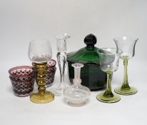 Ten cut glass etc. items, including a cut glass green lidded bowl, four cut glass cranberry bowls,