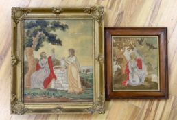 Two Regency wool-worked religious embroideries on silk, one of Christ and Rebecca at the well, the