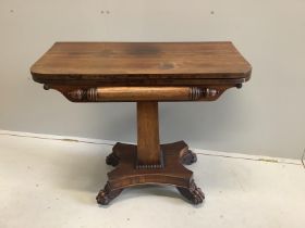 A William IV rosewood folding card table, width 90cm, depth 43cm, height 77cm