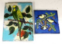 Two West German pottery Karlsruhe Majolika 1960s wall plaques of birds, the larger with budgie,