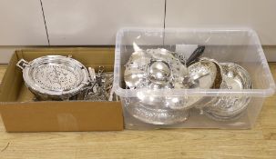 A quantity of plated tureens, serving dishes, a revolving breakfast dish, assorted cutlery, grape