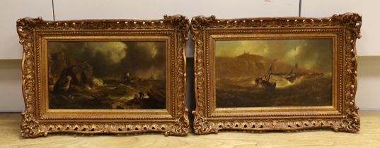 19th century English school, pair of oils on board, Shipwreck scenes, 13.5 x 23.5cm