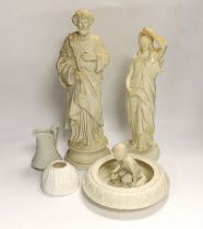 A collection of parian ware including figures and a small Portmeirion jug, tallest 38.5cm (6)