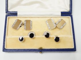 A pair of 1930's 9ct gold and plat, rectangular cufflinks, 15mm, gross 6.6 grams, together with four