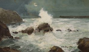Esposito, oil on canvas, Moonlit rocky seascape, indistinctly signed, 29 x 48cm