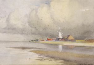 Percy Buckman RMS, (British 1865-1935), watercolour, Estuary with windmill, signed, 17 x 24cm