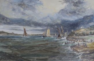 19th / 20th century, oil, Coastal landscape with figures and boats, indistinctly signed, 19 x 29cm