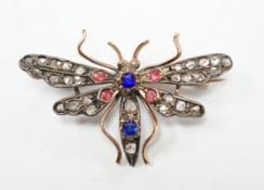 A Victorian yellow and white metal, rose cut diamond and two colour paste? set bug brooch, width