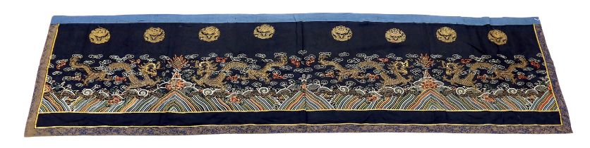 A Chinese long gauze gold dragon and multi-coloured embroidered altar cloth, with brocade borders,