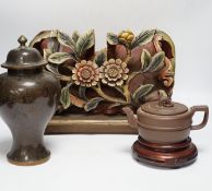A Chinese floral wooden carving, 40cm wide, together with a Chinese cloisonné enamel vase and cover,