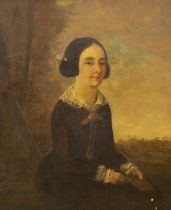 Victorian School, oil on canvas, Portrait of a seated girl and landscape background, 34 x 28cm,