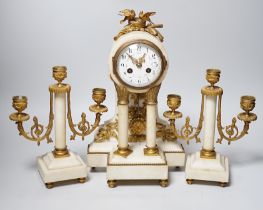 A 19th century alabaster clock garniture, French movement count-wheel striking on a bell, clock