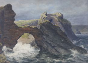 A. Moxon, heightened watercolour, Rocky coastal scene with ruins, signed, 52 x 72cm