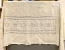 A 20th century Chinese dragon embroidered and drawn thread worked fine linen table cloth, 194cm x