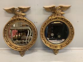 A pair of Regency style circular gilt framed wall mirrors, width 46cm, height 69cm