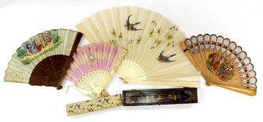 A Chinese lacquer fan box and a paper covered fan box, two Victorian fans painted with scenes of