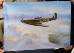 Seven facsimile re-print WWII propaganda posters and a poster of a spitfire, latter 42x 59cm