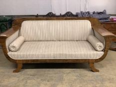 A Biedermeier style inlaid maple settee, width 202cm, depth 73cm, height 93cm