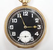 A gold plated Rolex open face keyless pocket watch, with black dial and white Arabic numerals,