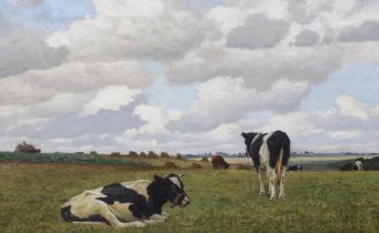 Poul Steffensen (1866-1923), oil on canvas, Cattle grazing before hayricks, signed and