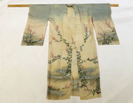 A1920’s Japanese silk ladies kimono, hand painted with blossom, rivers and the moon